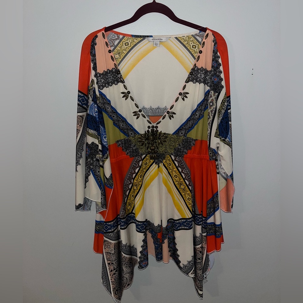 Boston Proper Boho Vibrant Mixed Print Tunic Top Size L